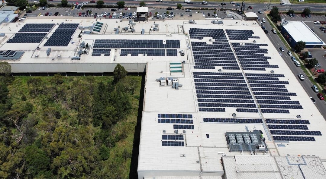 Commercial rooftop solar installation from above