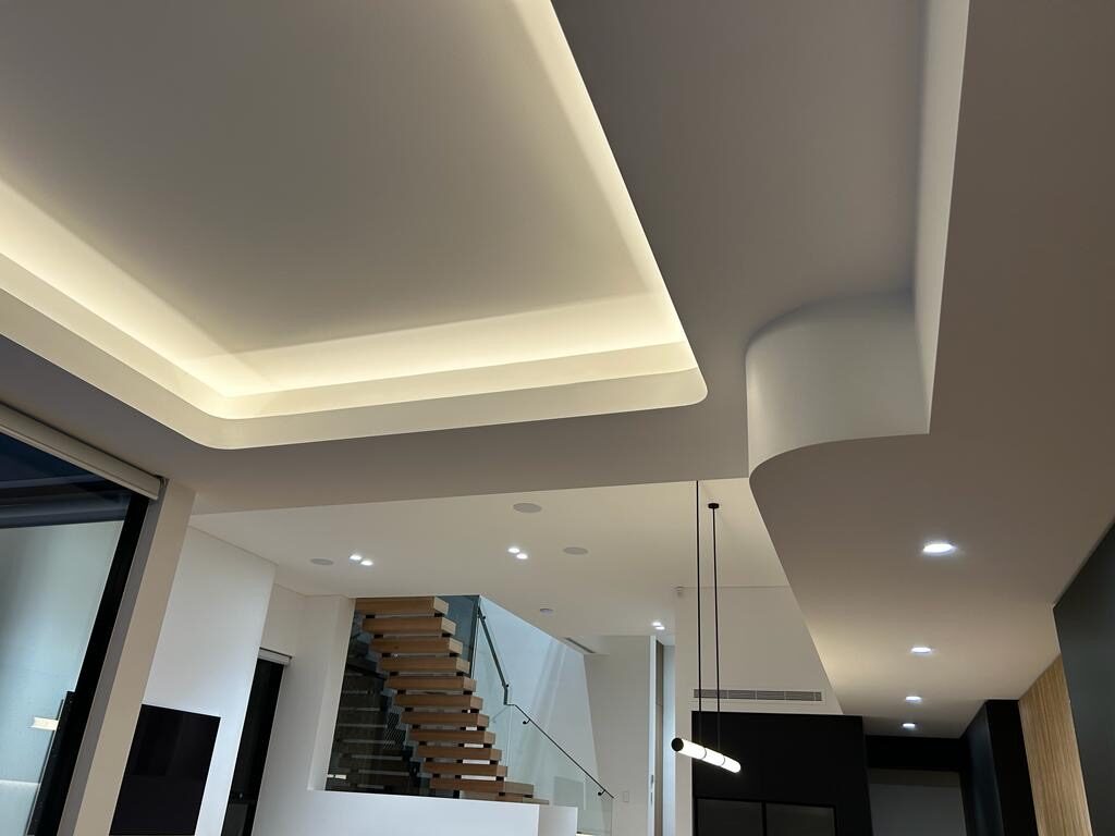 Recessed ceiling LED strip and downlights