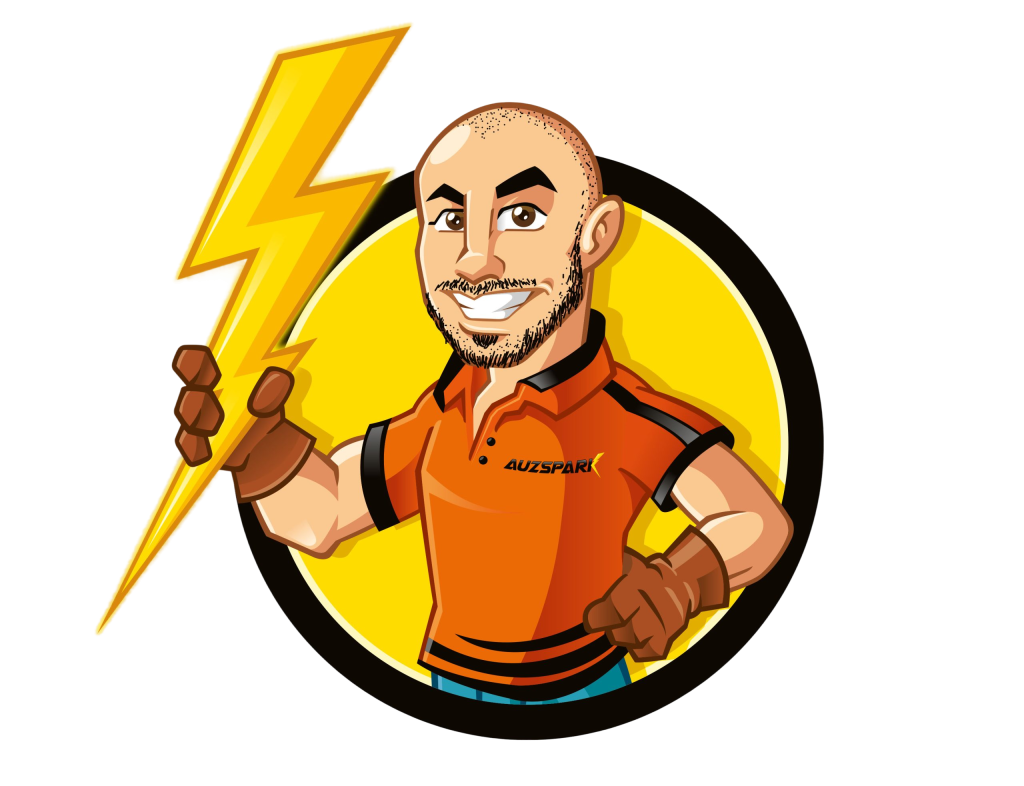 Auzspark electrician mascot holding a lightning bolt